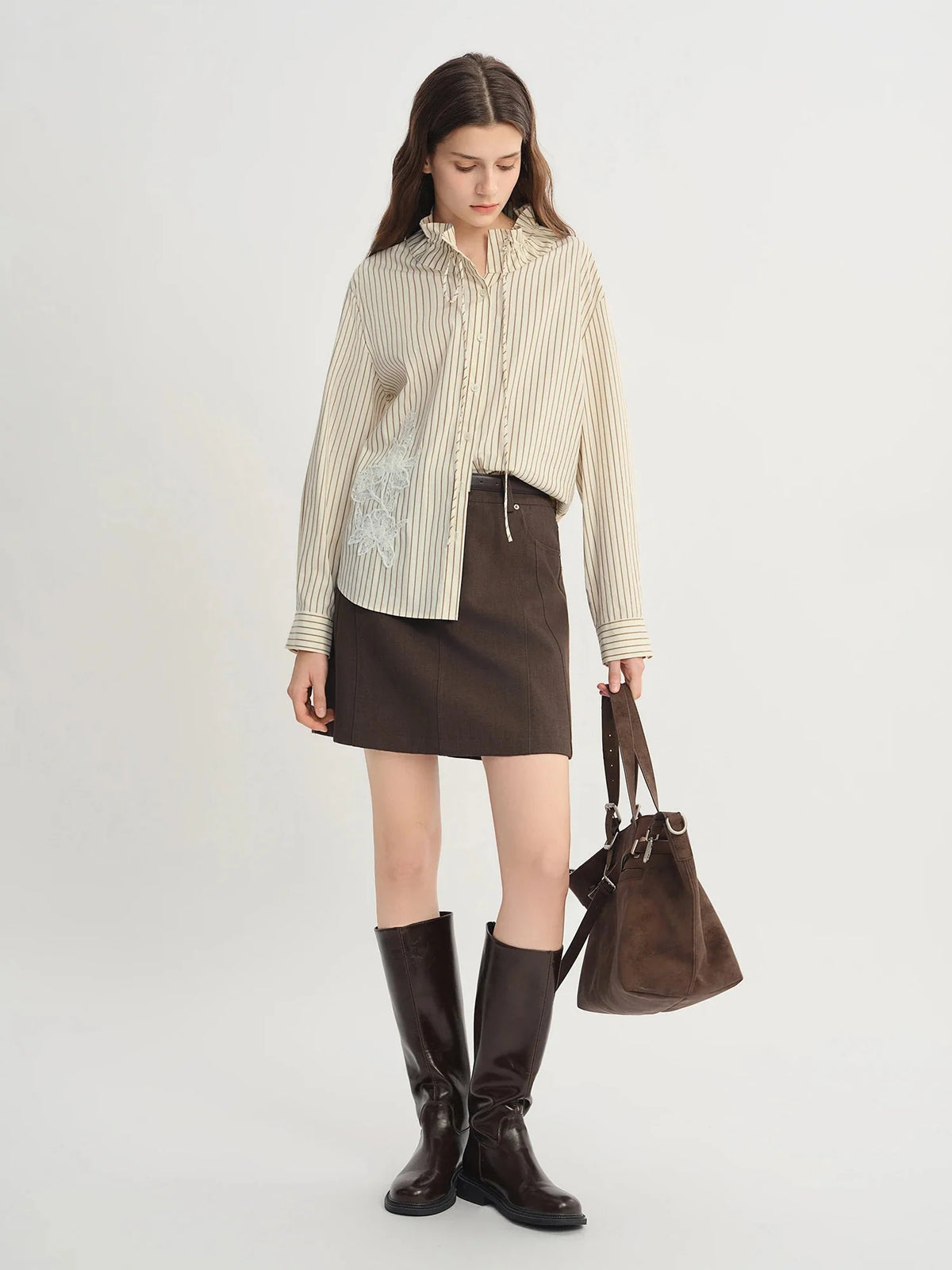 Plus Size Striped Ribbon Shirt Chic Lace Patch Autumn
