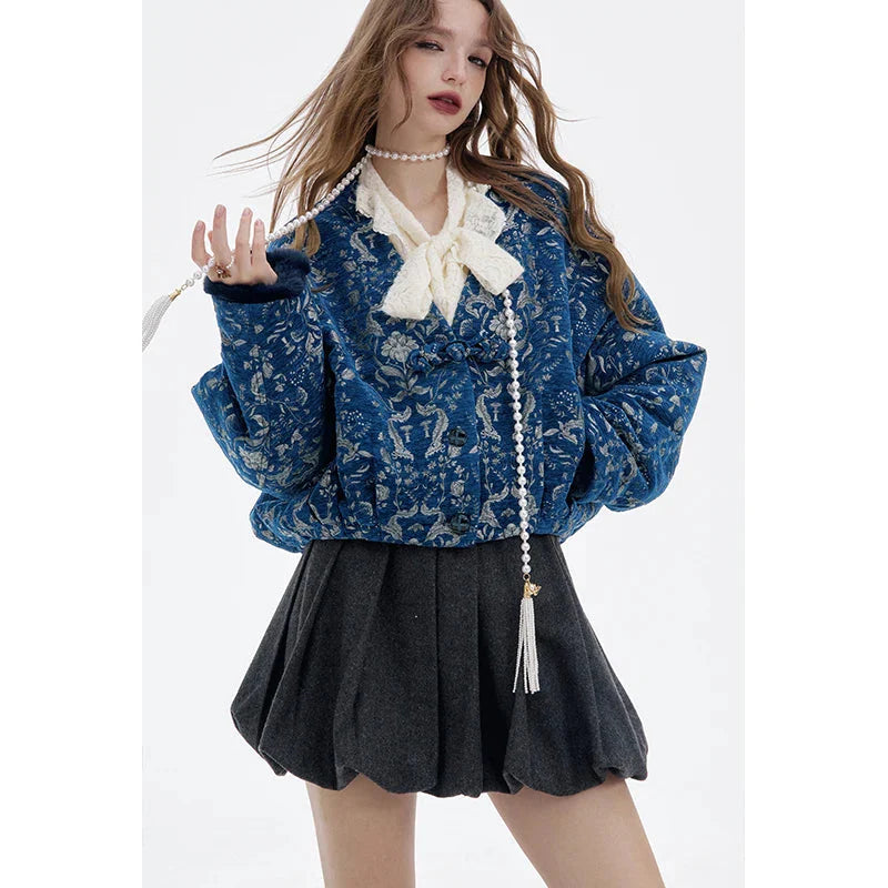 Women’s Retro Gothic Winter Coat Blue Silver Embroidery