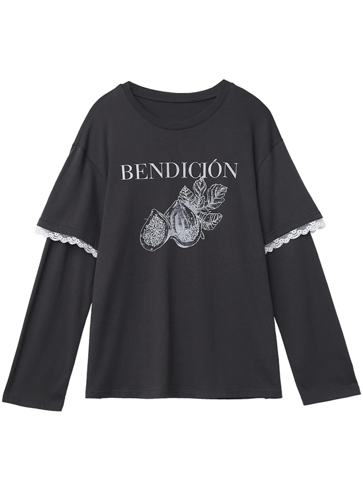 Cotton Letter Print T-Shirt Lace Patchwork Tee