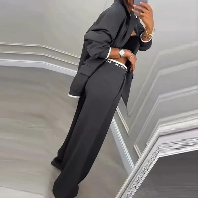 The Power Set: Solid Button Blazer and Straight-Leg Pant Suit