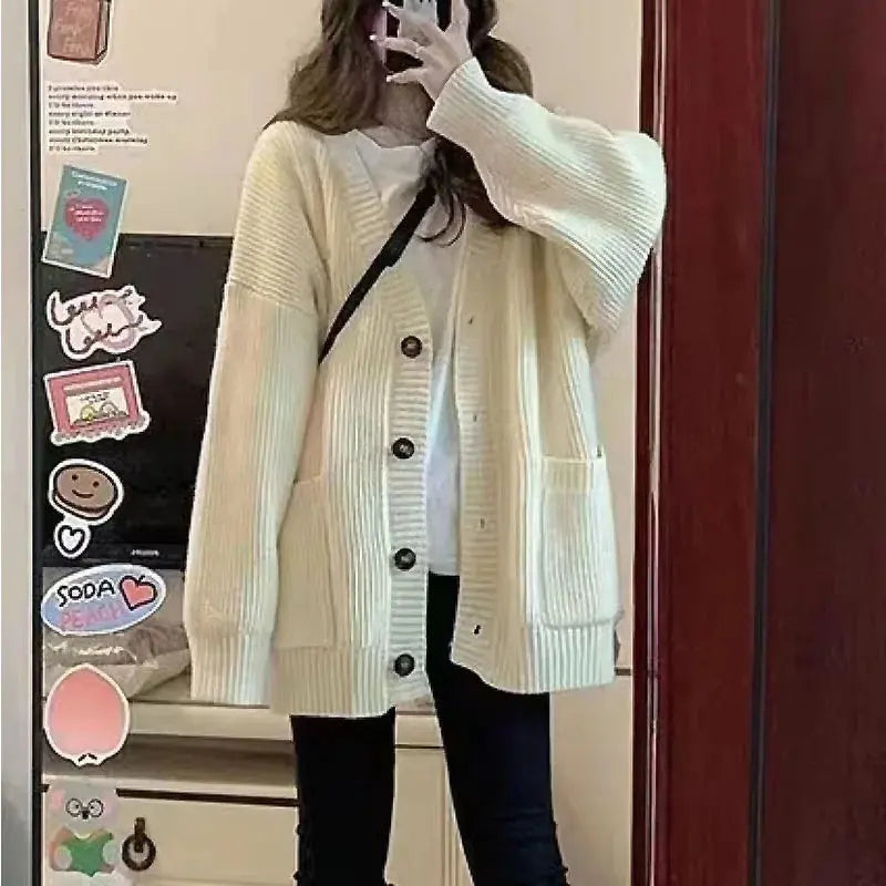 Casual V-Neck Long Sleeve Sweater Coat for Female Style