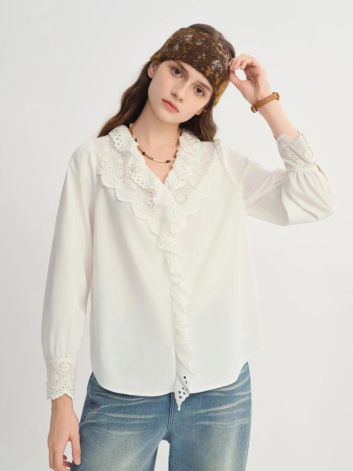Elegant White Lace Stylish V-Neck Shirt