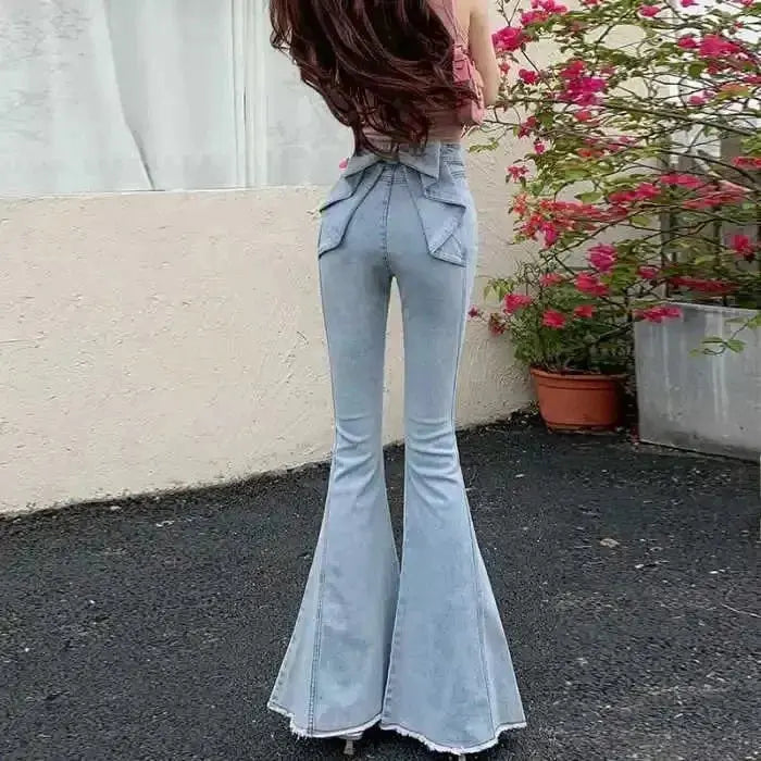 High-Waist Denim Flares with Bow Detail