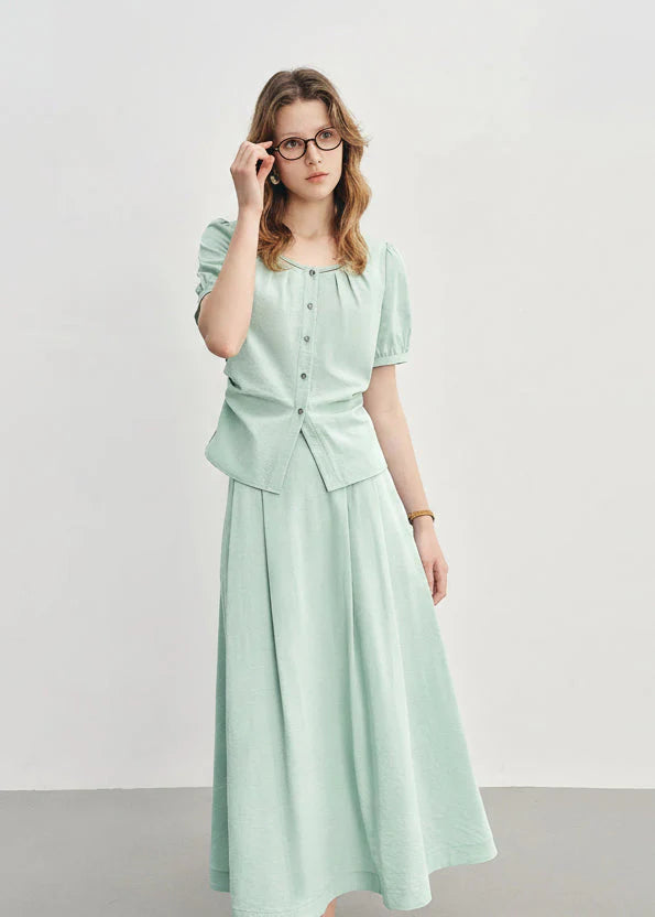 Summer Commuter Suit Pleated Shirt & Slim Skirt Set