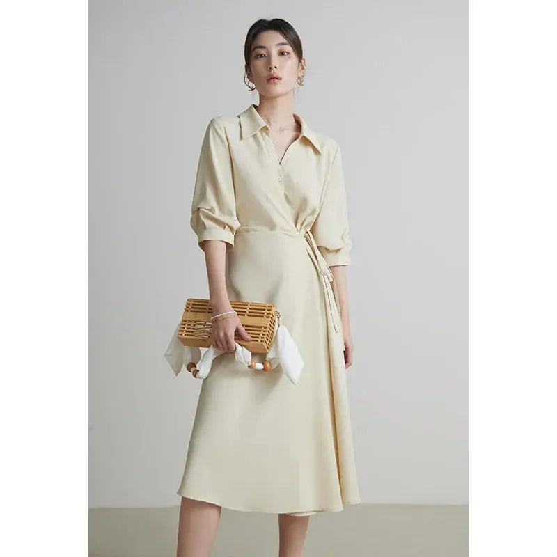 Temperament Black A-Line Drape Dress with Turn-down Collar