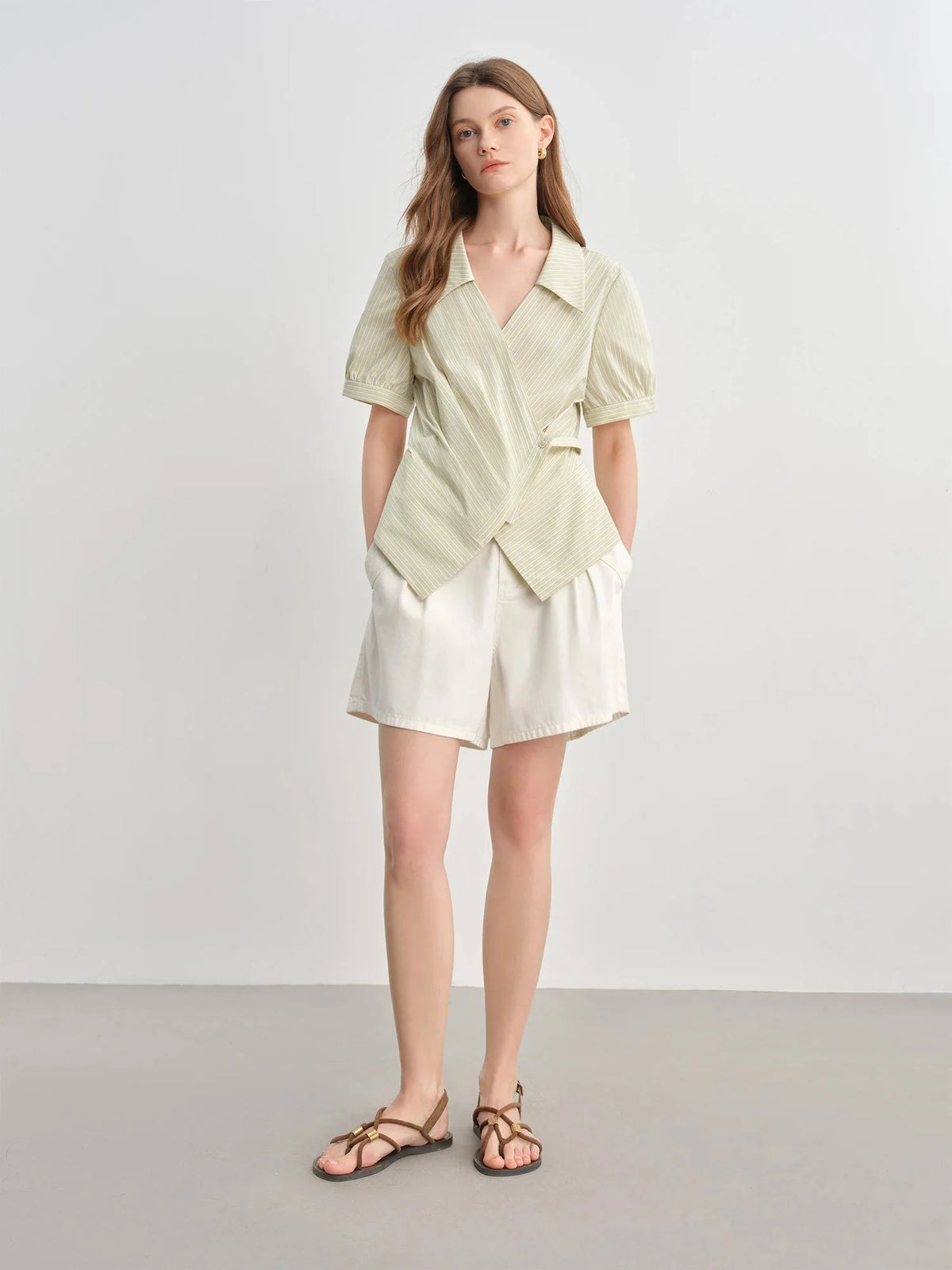 Striped Wrap Shirt V-Neck Summer Office Blouse