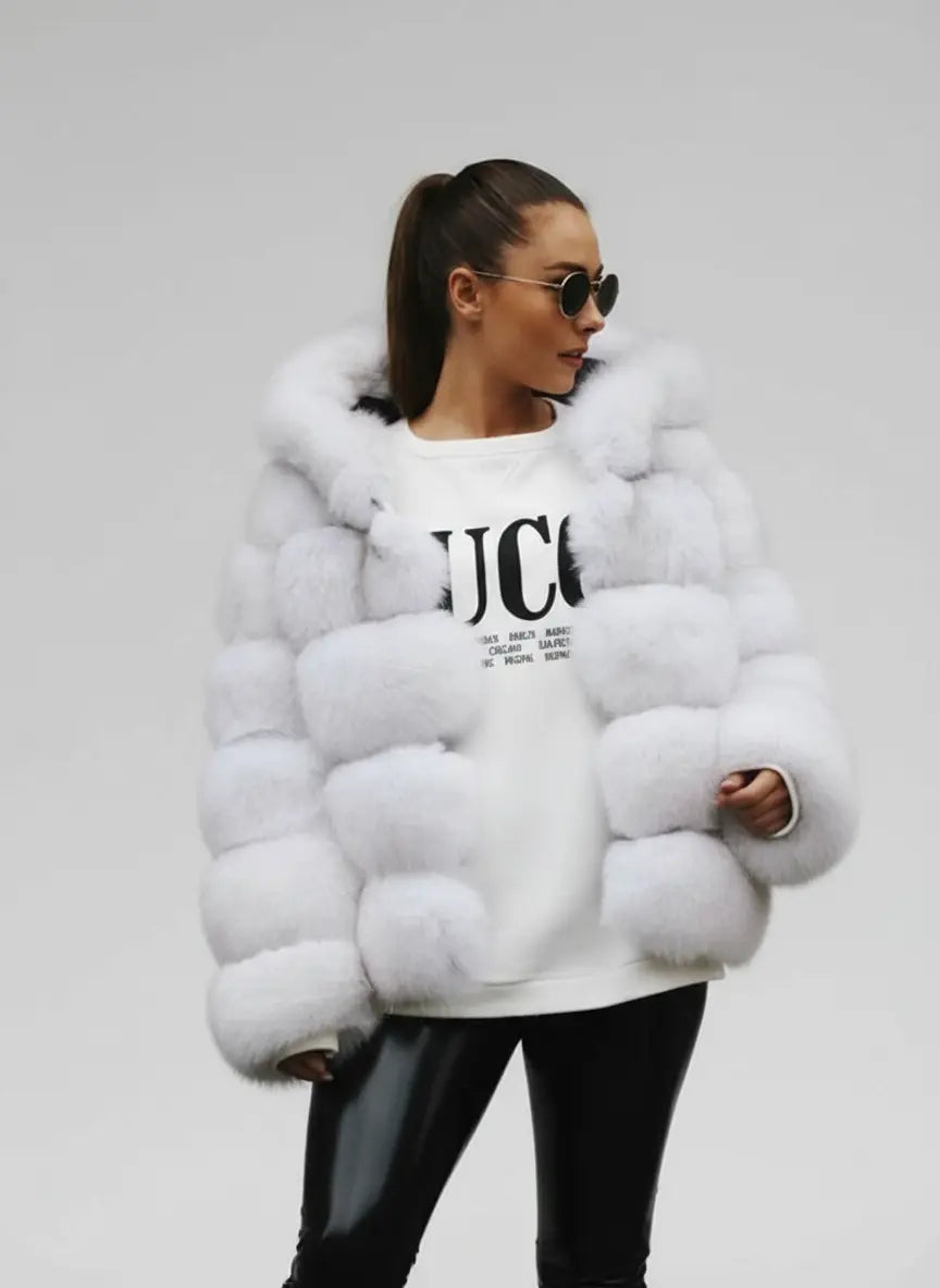 Real Fox Fur Winter Jacket with Oversized Hood