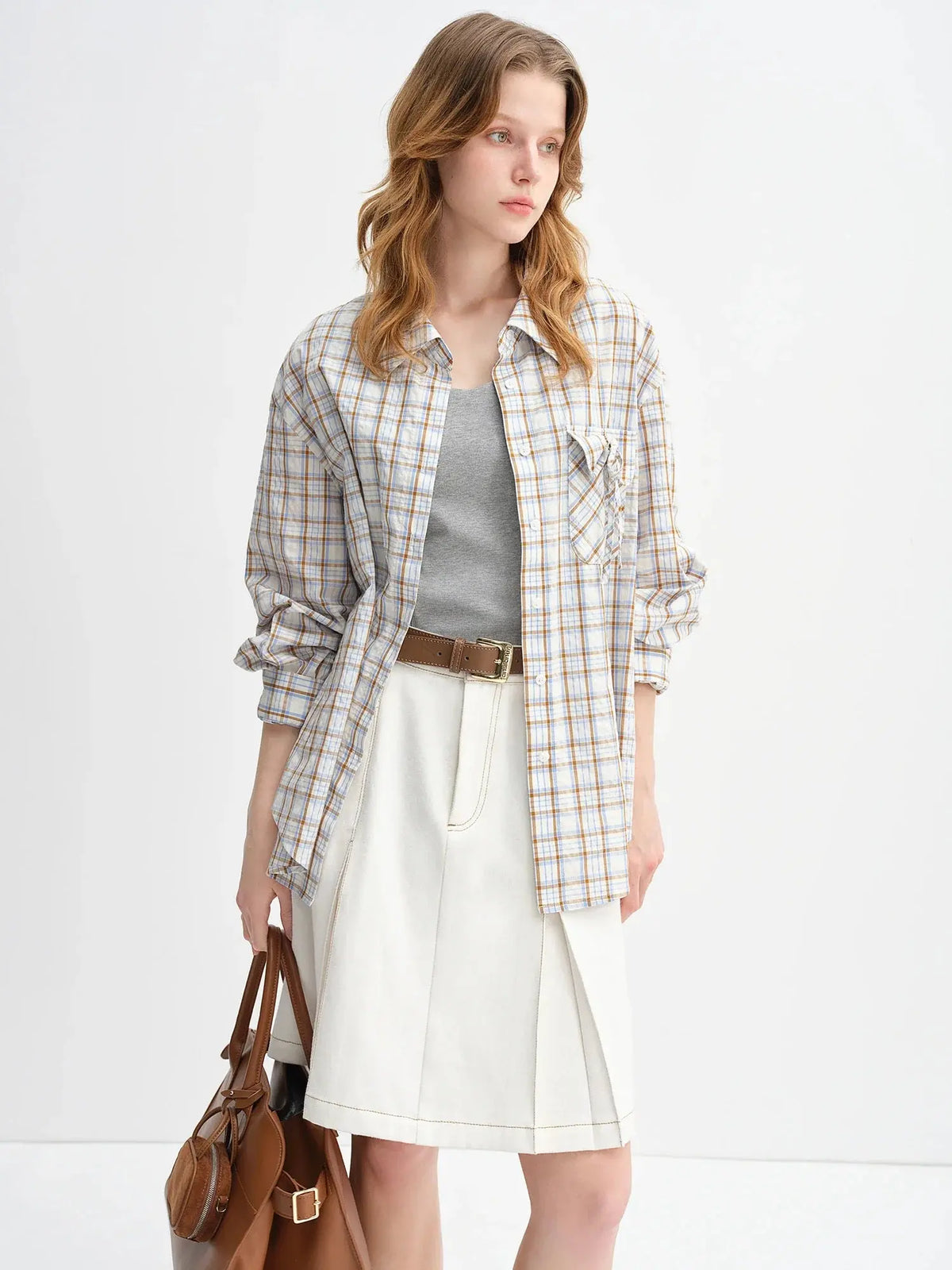 Plus Size Plaid Accent Drawstring Shirt