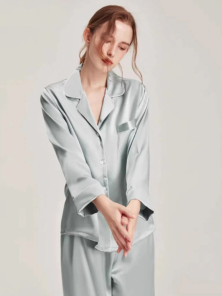 Real Silk Pajama Long Sleeve White Nightwear