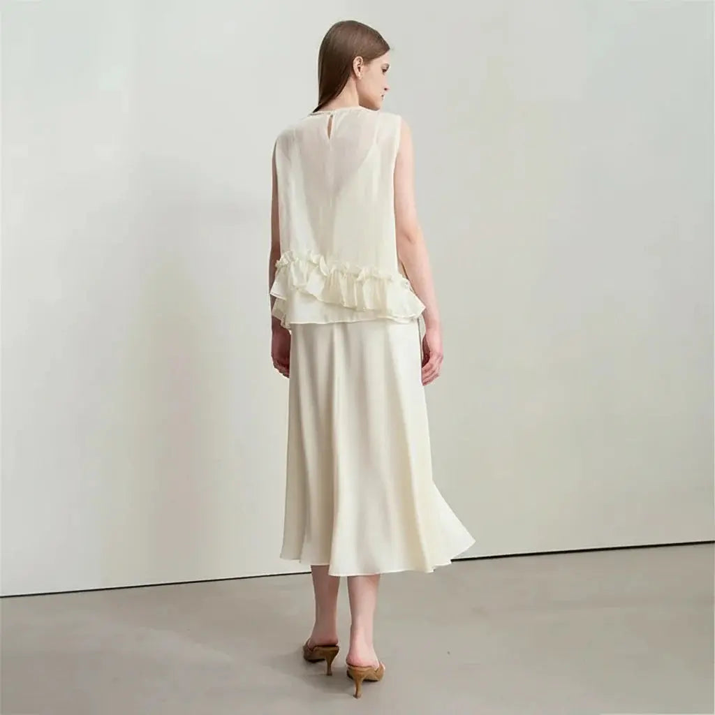 Sleek Silk Floral Ruffle A-Line Dress