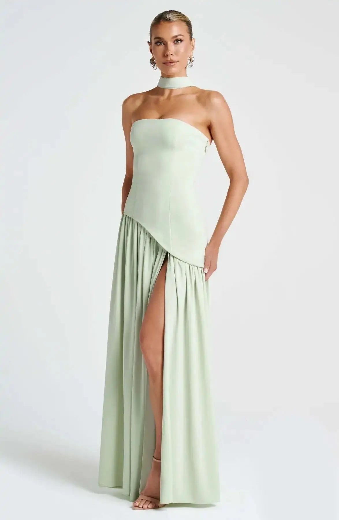 Sleek Solid Tube Top Maxi Dress with High Slit