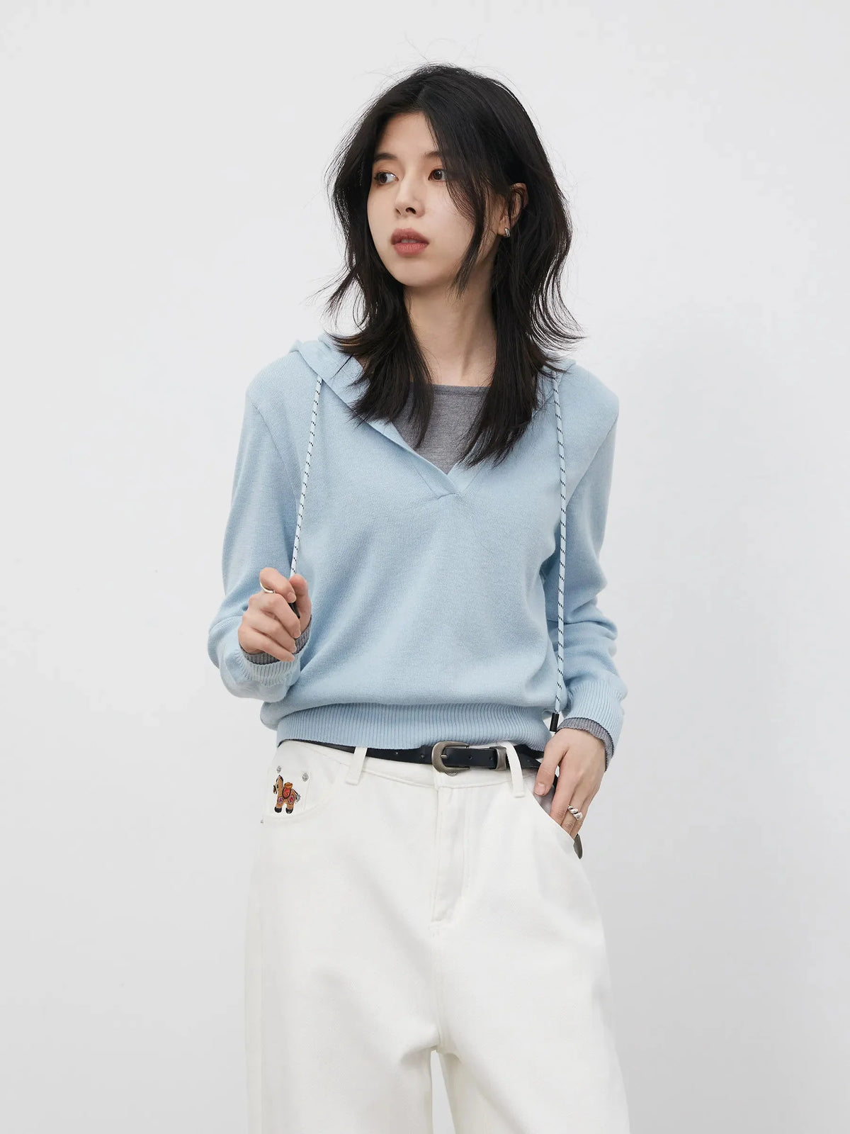 Casual Contrast Color Hooded Pullover - Loose Knit Sweater