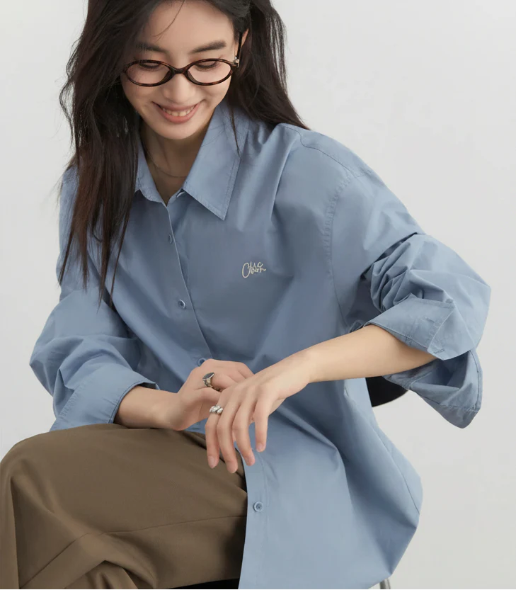 Loose Cotton Blue Shirt Casual Long-Sleeved Blouse