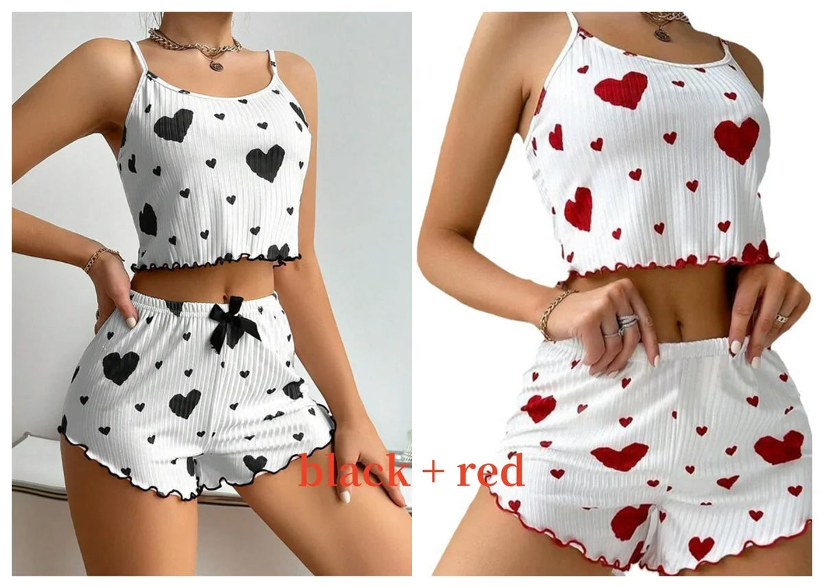 Women's Pajamas Set Sleepwear 2 PCS Short Tank Tops And Shorts S M L White Ventilate Soft Casual Love Printing
