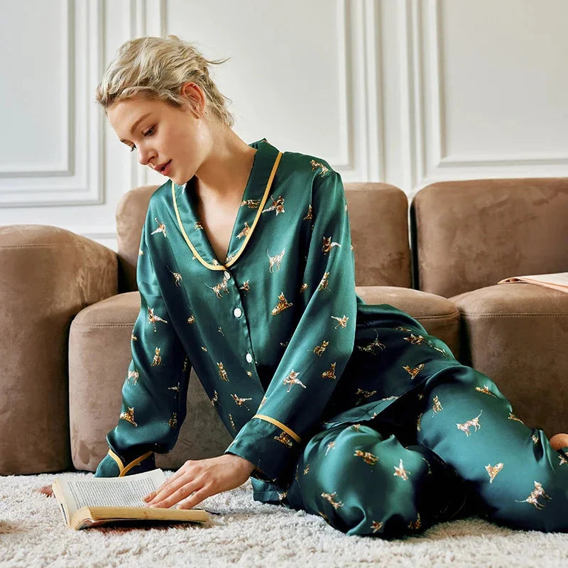 Mulberry Silk Kitty Pyjama Set Autumn Nightwear