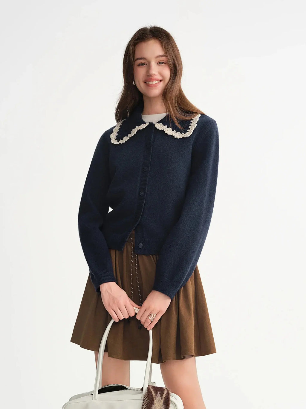Embroidered Knit Cardigan with Lace Trim and Collar