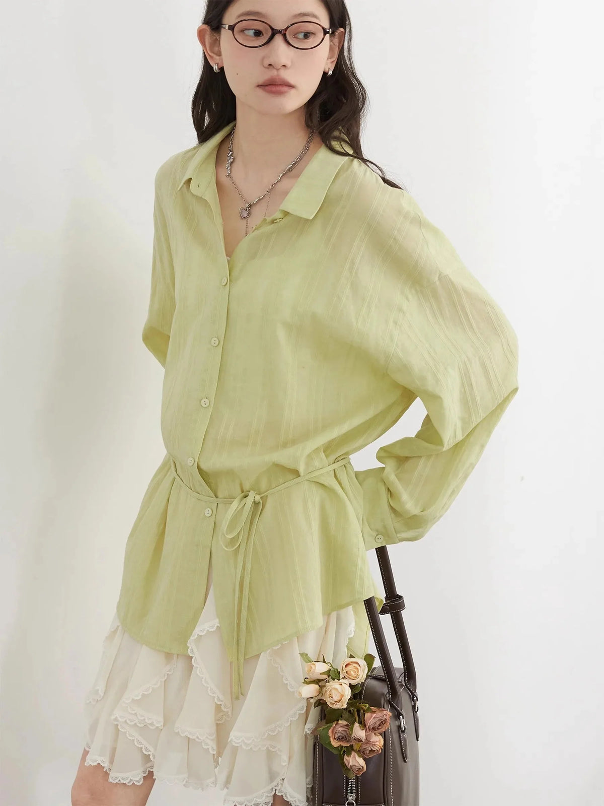 Textured Striped Waist Shirt Long Sleeve Summer Blouse