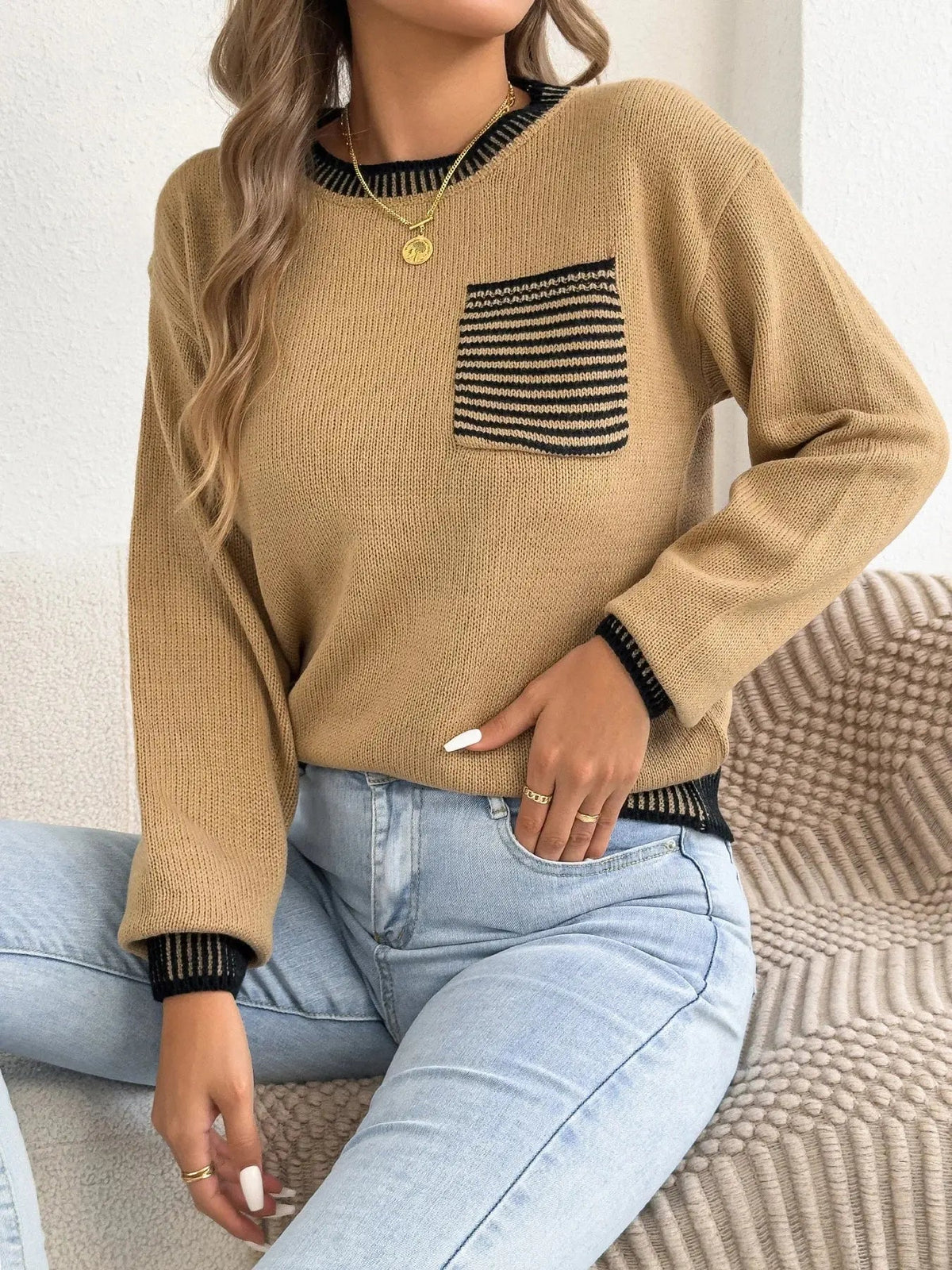 Chic Striped Color Block Knitted Top with Pockets - Lantern Sleeve Style
