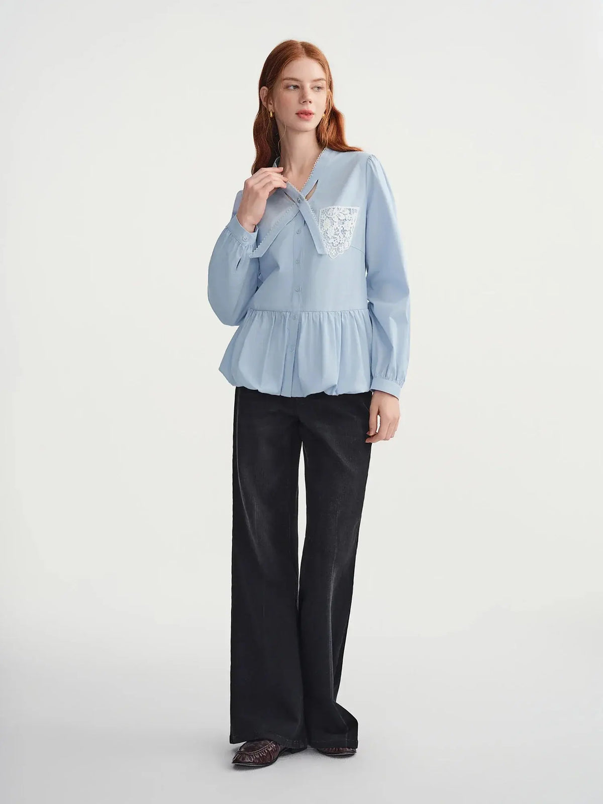 Women's Plus-Size Relaxed Winter Shirt with Lace Collar & Patch Pocket