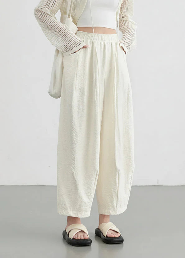 White Wide-Leg Pants High-Waisted Casual