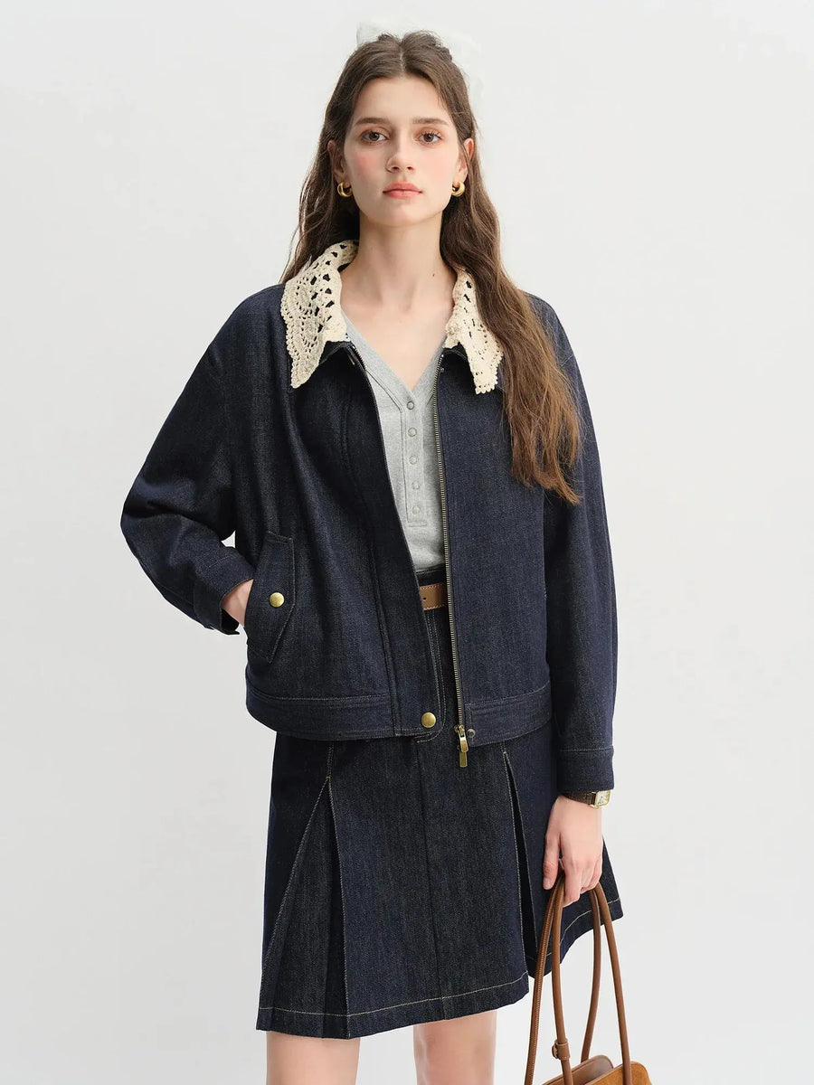 Handmade Sweet Crochet Collar Denim Jacket