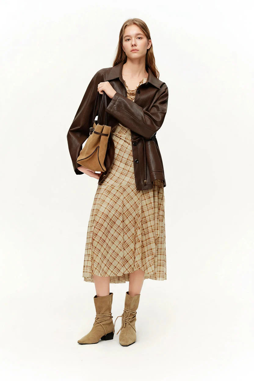 Brown Retro Plaid Mesh Maxi Dress Romantic Style