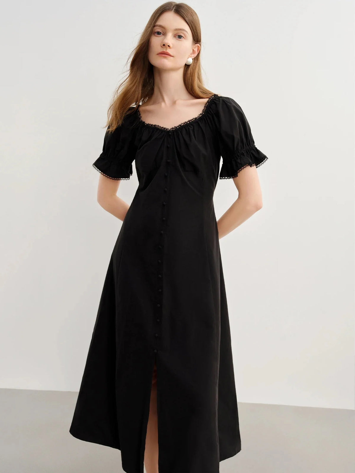 French Style Plus Size Lace Collar Dress Summer Puff Sleeve