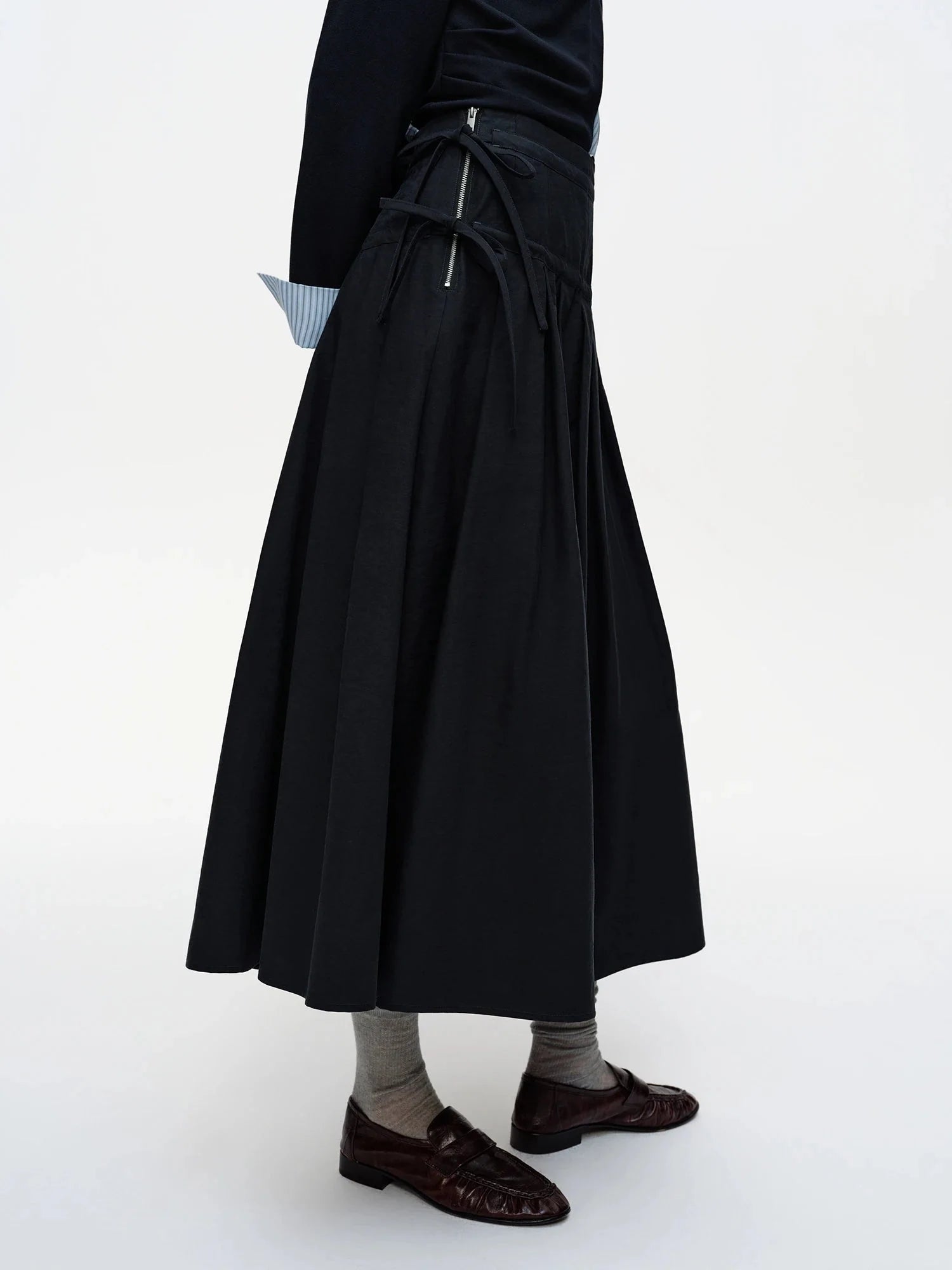 High Waist 3D Pleated Midi Skirt with Side Tie & Ruffles