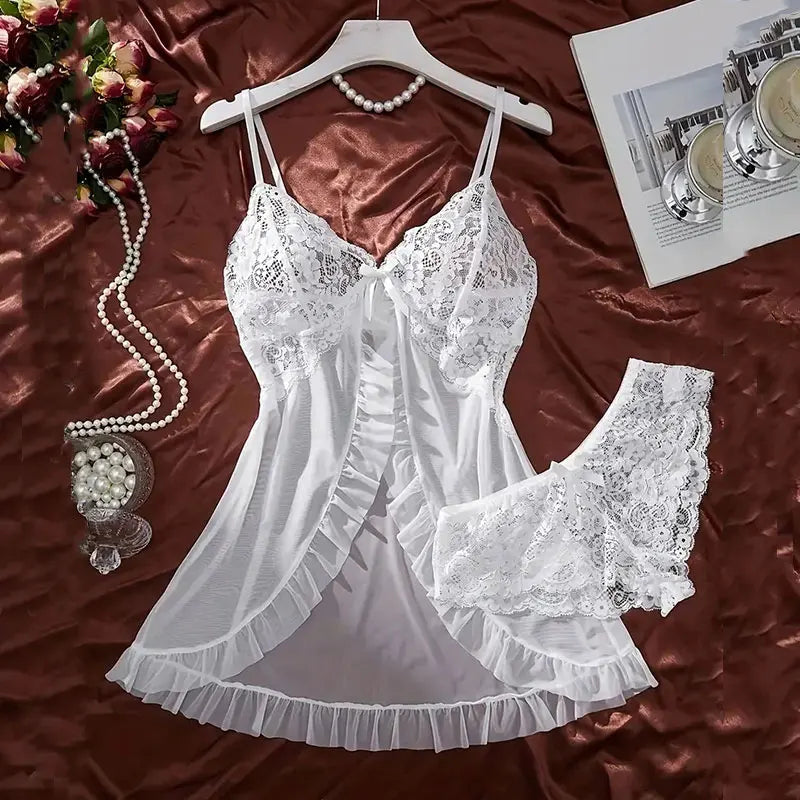 A Set Of Tulle Ultra Sexy Nightgown V-neck Bra Open Sleep Skirt Night Erotic Dress Woman Sheer Pajamas Lingerie Pants Luxury kit
