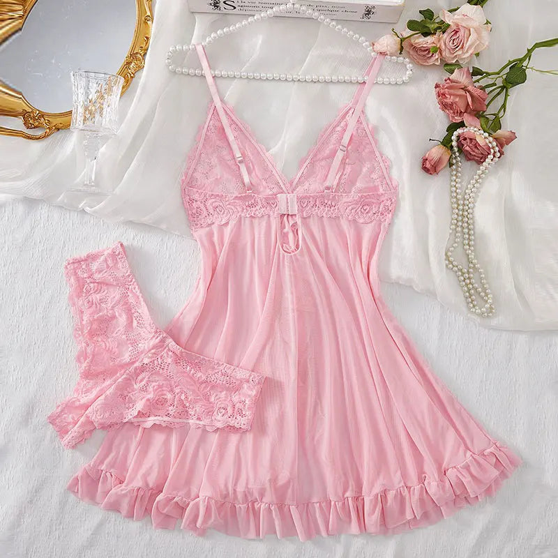 2025 Lace Sleeping Robe Nightgown Set Hot Erotic Pajamas With Summer Sleeveless Halter Dress Sexy Sleepwear For Plus Size Woman
