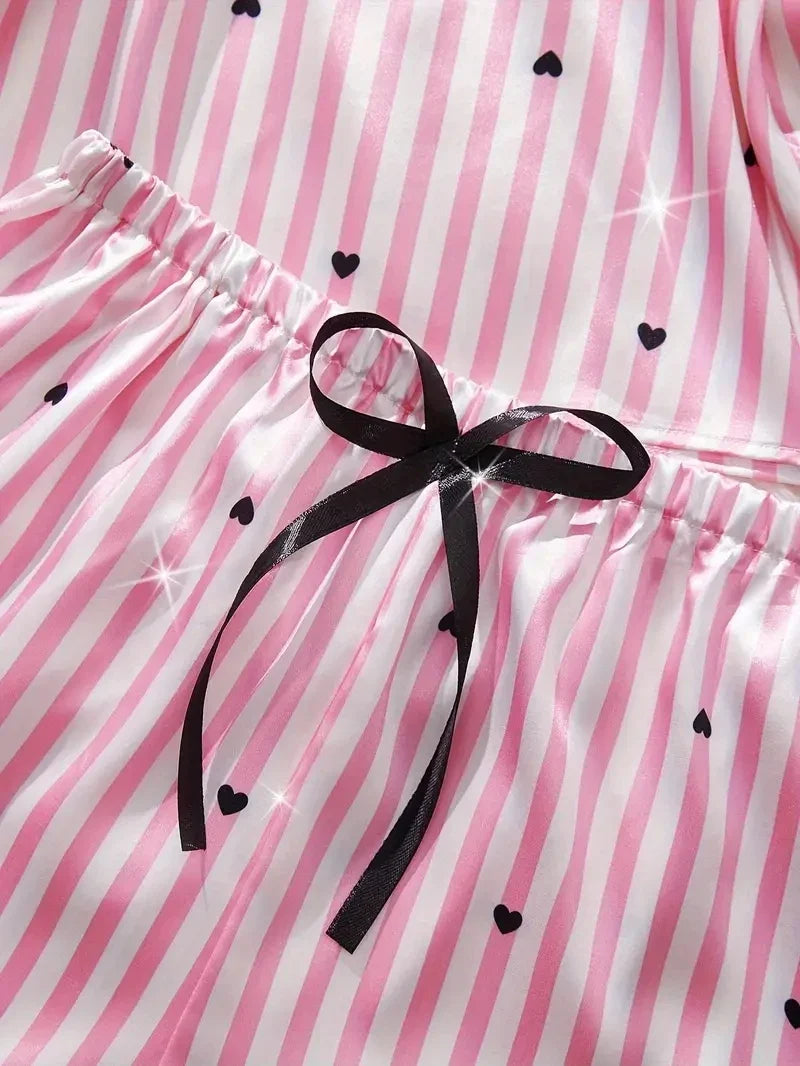 Summer Silk Satin Women's V-Neck Sexy Lace Suspender Pajama Shorts Set Stripes Heart Casual Women's Sleeveless Sexy Pajama Set