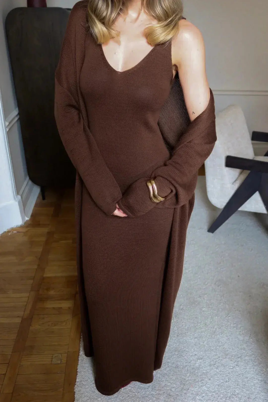 Effortless Soft-Knit Two-Piece Set with Long Cardigan