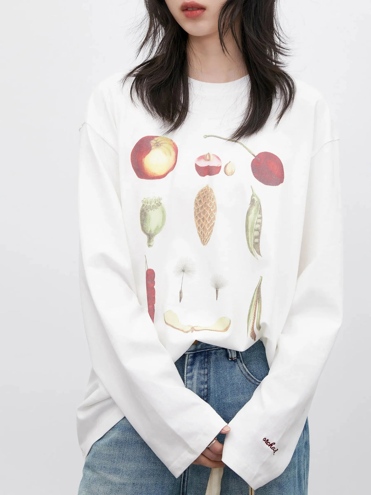 Floral & Fruit Print Long Sleeve T-Shirt Cotton Tee