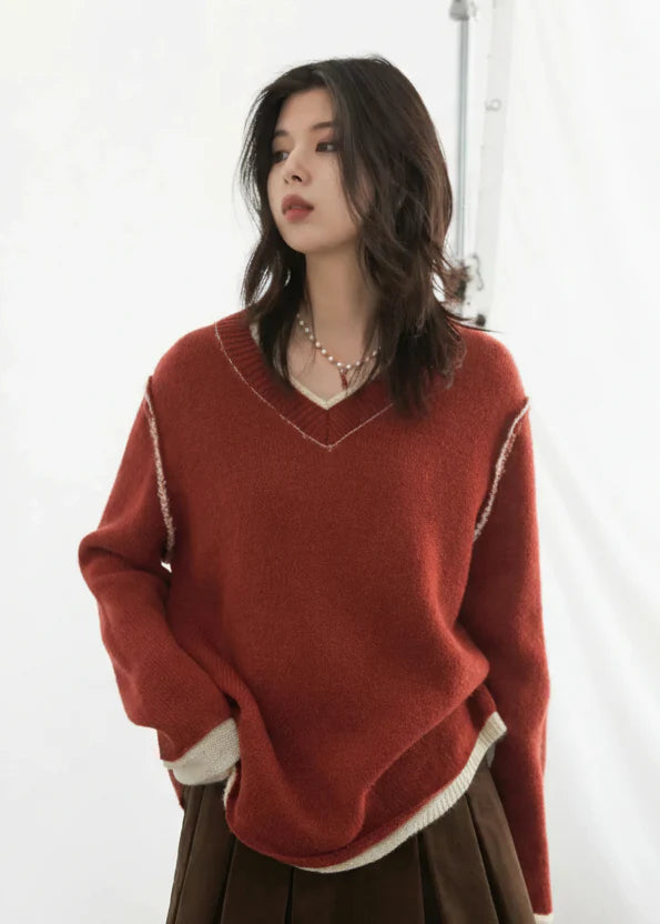 Color Block V-Neck Sweater Loose Knit Pullover