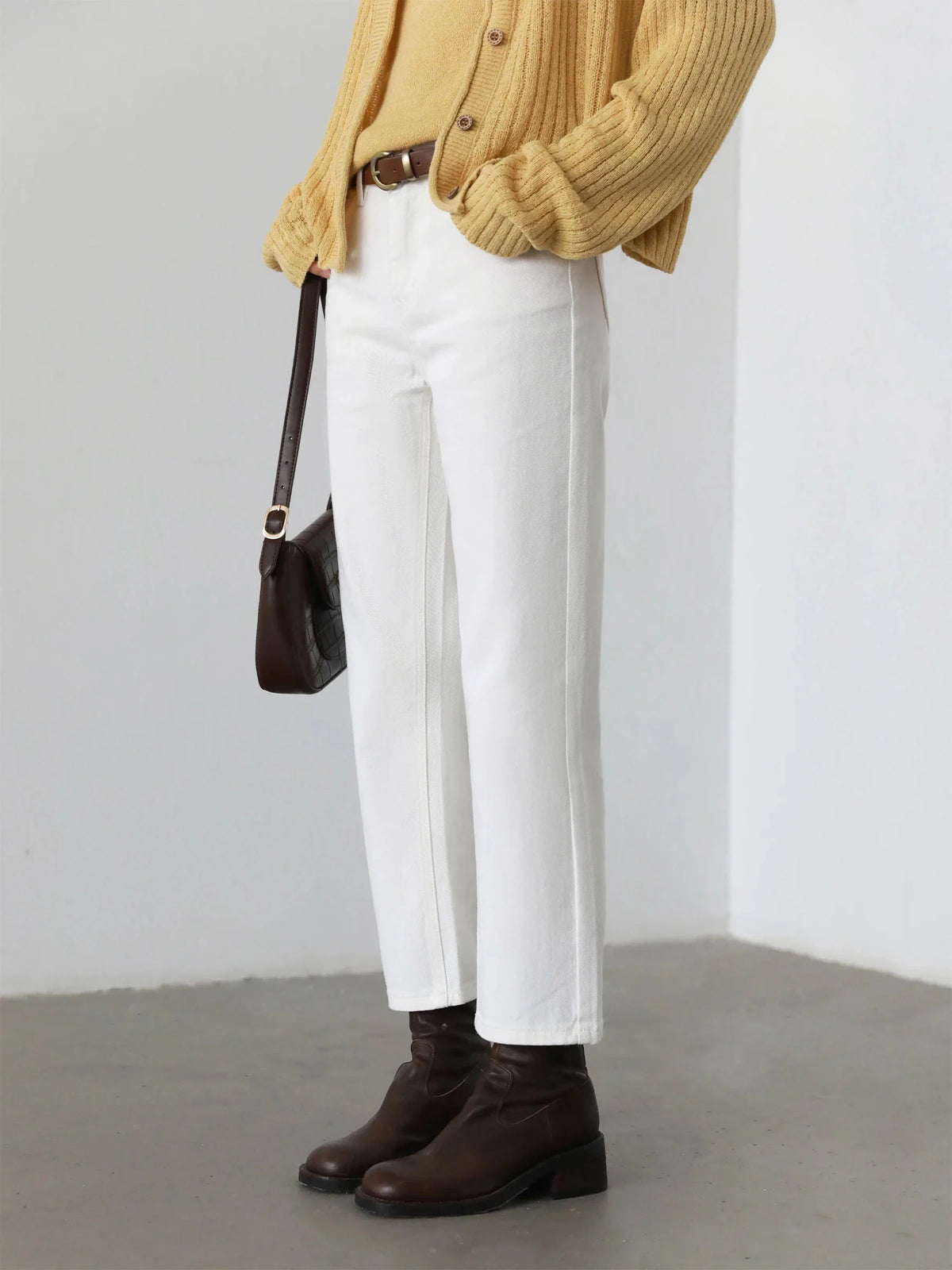 High Waisted White Cotton Pants Slim Straight Leg