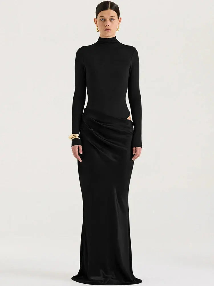 Elegant Patchwork Satin Evening Dress with Turtleneck & Zipper