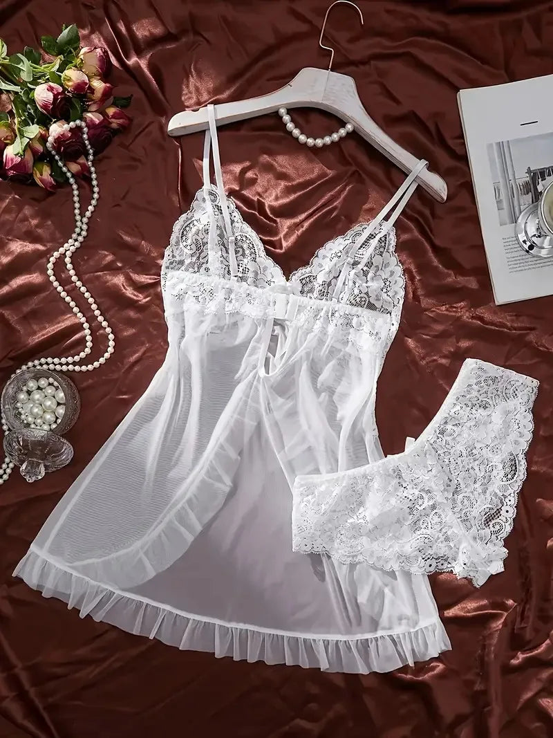 A Set Of Tulle Ultra Sexy Nightgown V-neck Bra Open Sleep Skirt Night Erotic Dress Woman Sheer Pajamas Lingerie Pants Luxury kit