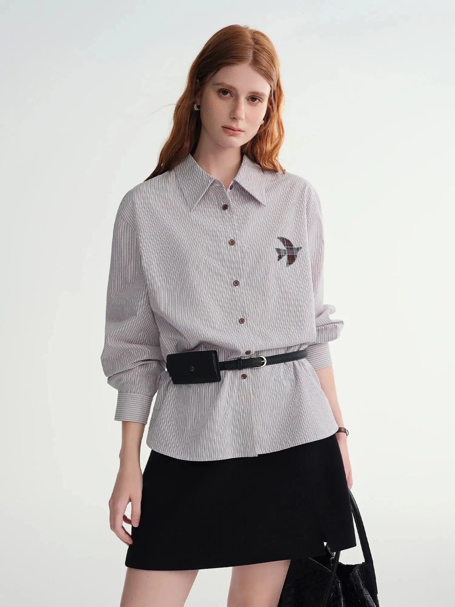 Plus-Size Birds Appliqué Checkered Stripe Shirt
