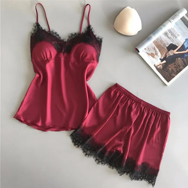 Women Pajama Suit Fashion V-Neck Lace Sexy Lingerie Pyjamas Sleep Shorts Set Sleepwear New