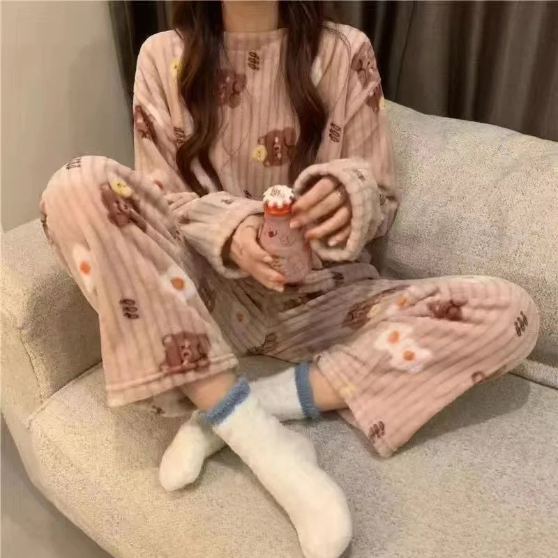 Thiened Long Sve Coral Fce Pajamas Women's Winter Home Clothes Set Cute Cartoon Print round Ne Spwear Set for Youth