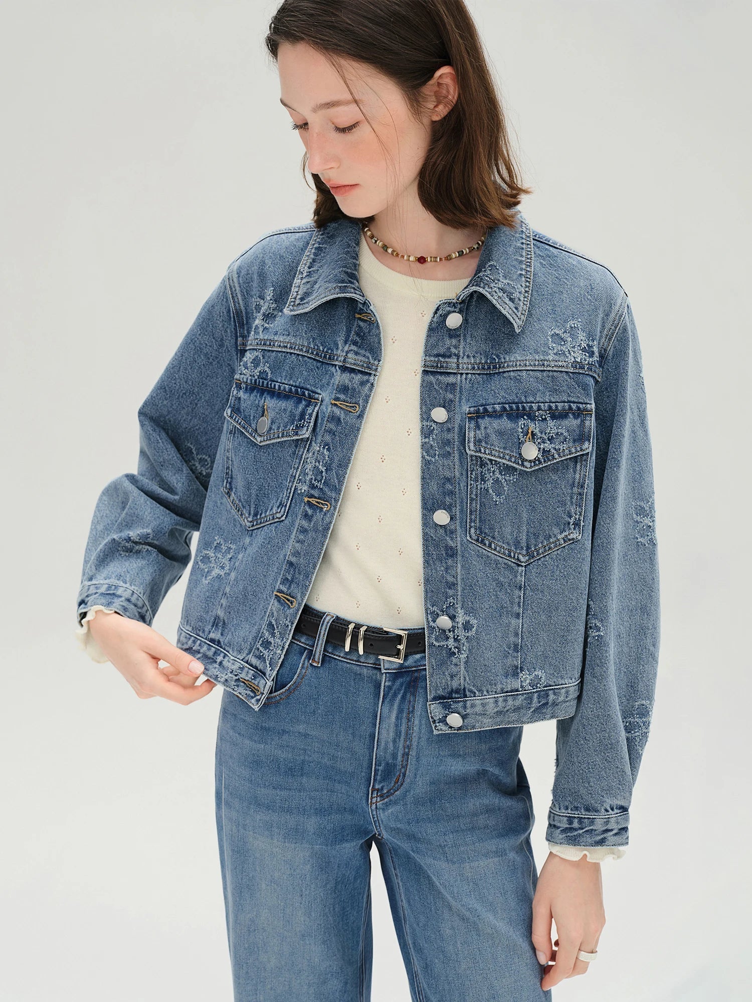 Plus Size Fringed Floral Denim Jacket & Skirt Set