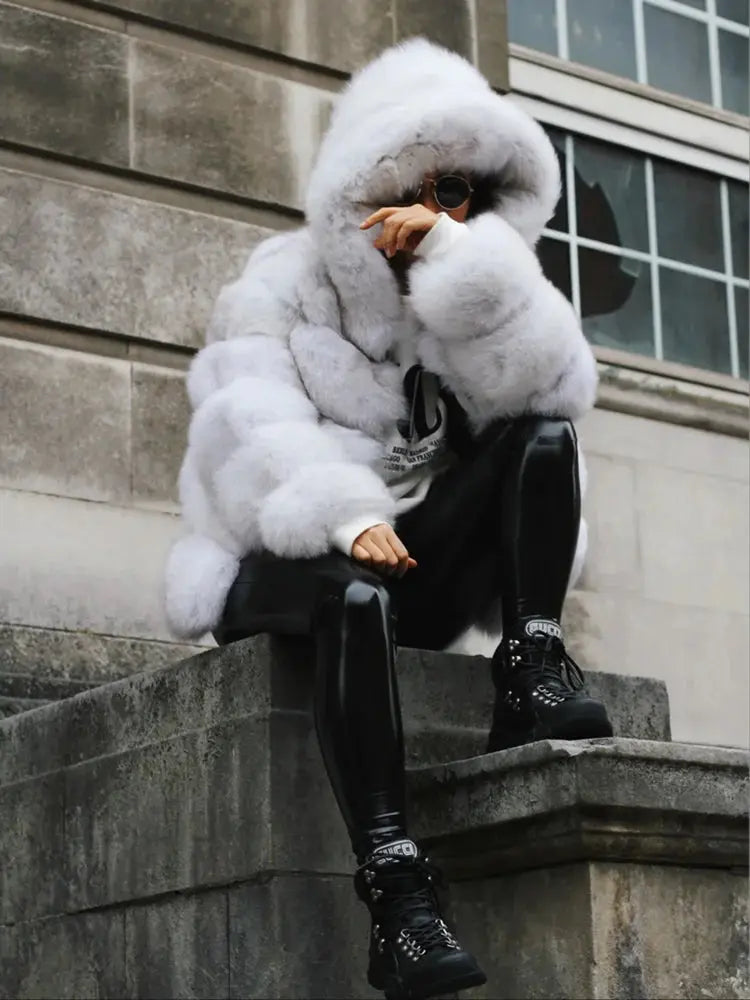Real Fox Fur Winter Jacket with Oversized Hood