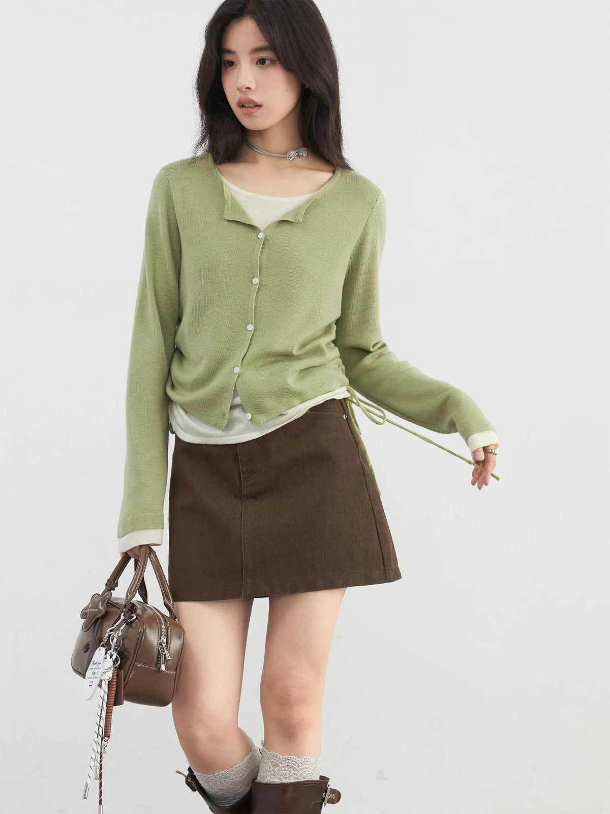 Slim Fit O-Neck Sweater Drawstring Waist Knit Jumper