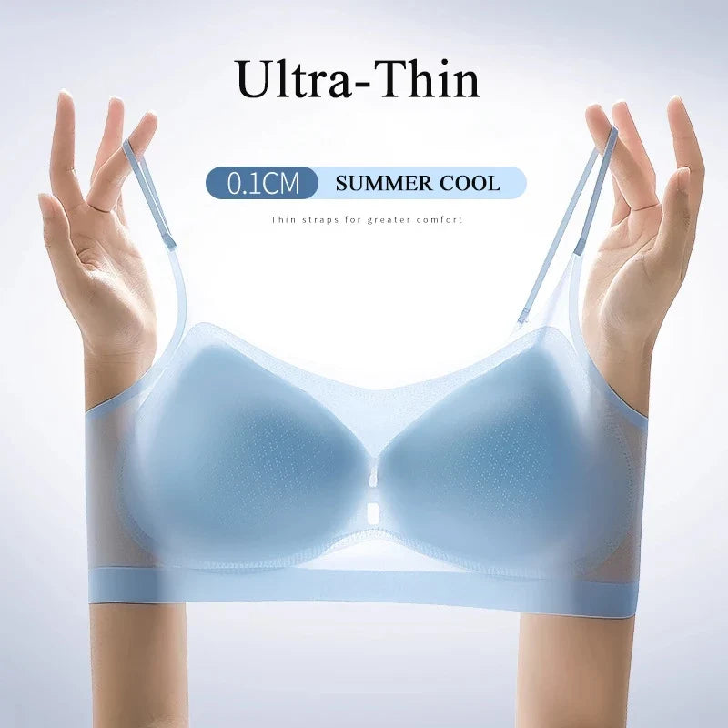 Ultra-thin Ice Silk Padded Bra Seamless Underwear Women's Thin Section Sling Beautiful Back Vest Tops Big Chest Small Sleep Bra