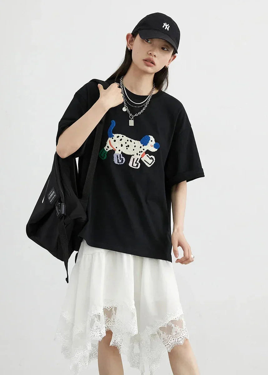 Dog Embroidered Cotton T-Shirt Loose Summer Streetwear