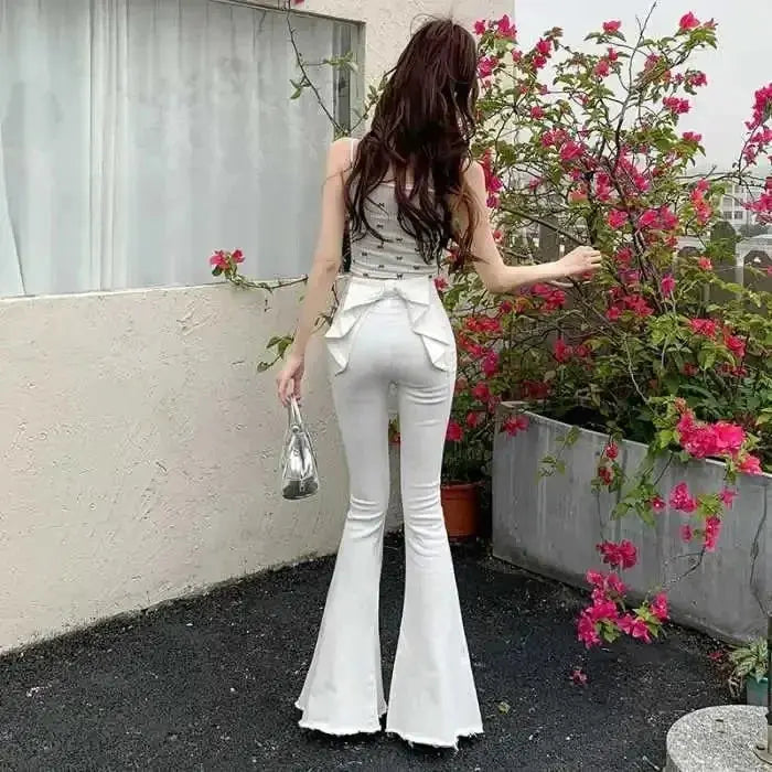 High-Waist Denim Flares with Bow Detail