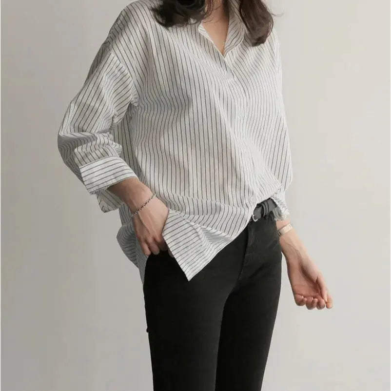 Korean-Style Loose Fit Striped Shirt for Women