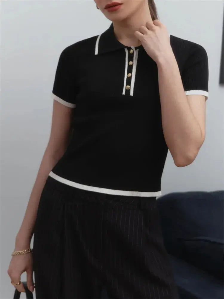 Contrast Patchwork Knit Top with Lapel Collar