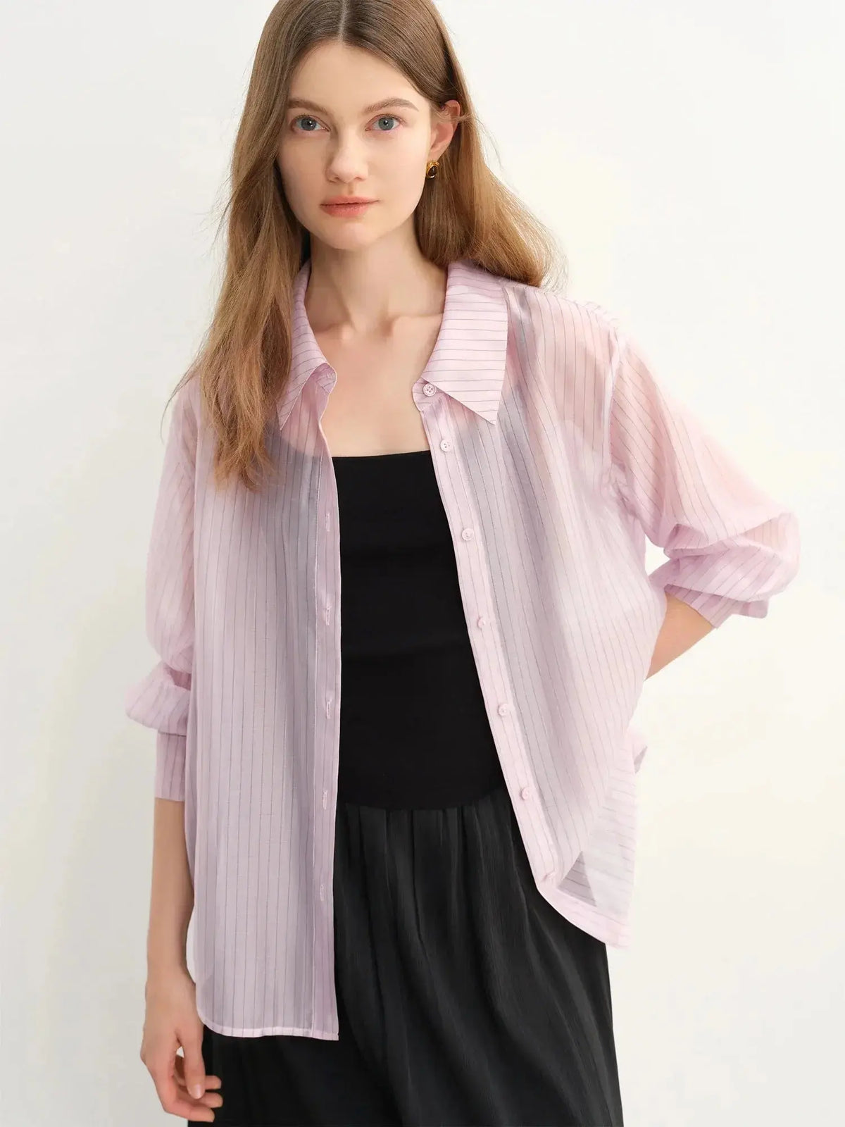 Plus Size Striped Sheer Long-Sleeve Blouse