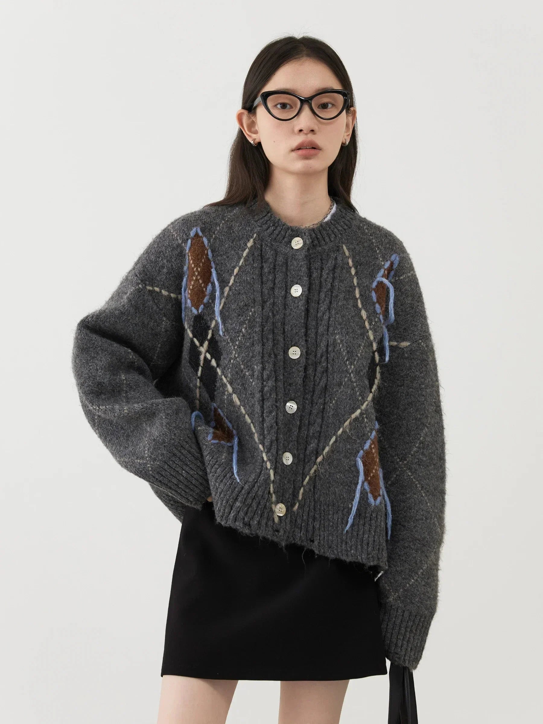 Vintage Diamond Knit Cardigan Warm Autumn Winter Sweater